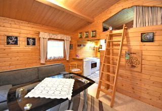 Interior view of a cozy wooden cabin at Niederaula, Germany, featuring a loft with ladder access.