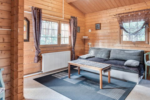 Hyggelig stue med trævægge, grå sofa og træbord i en hytte ved Niederaula, Tyskland.