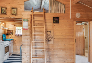Hygge kabine i træ med hems, stige og køkkenudstyr, beliggende i Niederaula, Tyskland.
