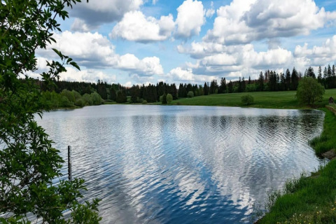 Vista panorámica de un lago reflejando nubes y rodeado de prados verdes cerca de Tiny House, Alemania.