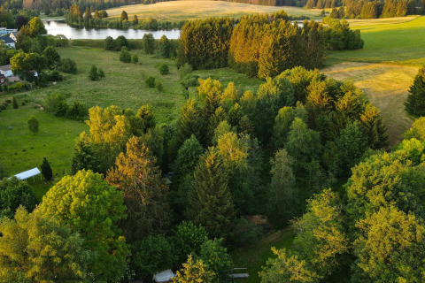 Vista aérea de un bosque y prados verdes con un lago cercano a una tiny house en Alemania al atardecer.