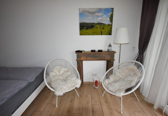 Modern mobile home sitting area with two fur-covered chairs, small table, lamp, and landscape photo.