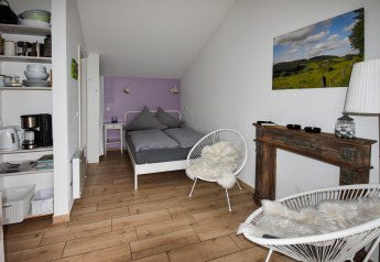 Modern mobile home Holiday Home Terra 2 Persons in Germany with bed, kitchen shelf, and stylish chairs.