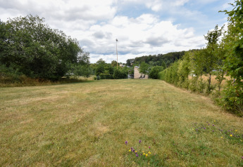 Spacious grassy area near Holiday home «Terra 2 Persons» in Germany with trees and cloudy sky.
