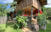 Rustic Almhütte chalet with wooden exterior, flowers, stacked firewood, and lush garden on a sunny day.