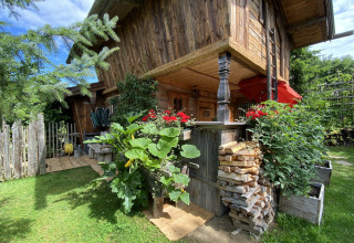 Rustieke Almhütte chalet met houten gevel, bloemen, houtstapel en groene tuin onder een blauwe lucht.