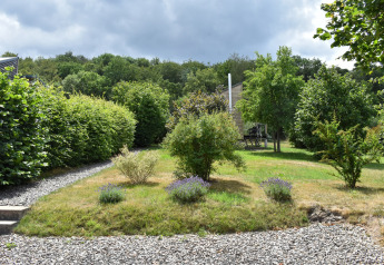 Vue sur le jardin et chemins de gravier de la maison mobile Holiday home «Terra 2 Persons» en Allemagne.