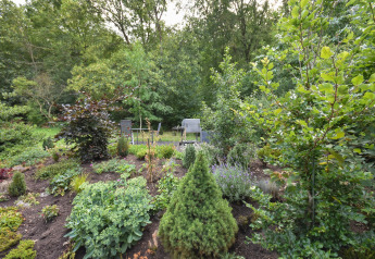 Jardin verdoyant avec plantes et arbres, coin salon extérieur au Holiday home Terra 2 Persons en Allemagne.