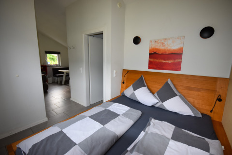 Bedroom in the Magma 2 Persons holiday cabin in Germany featuring a double bed and modern decor.