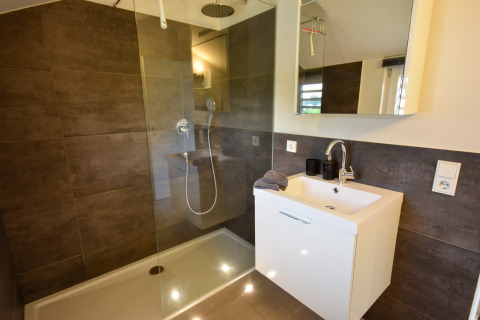 Bagno moderno nella casa vacanze Magma 2 Persons in Germania con doccia e lavabo bianco elegante.