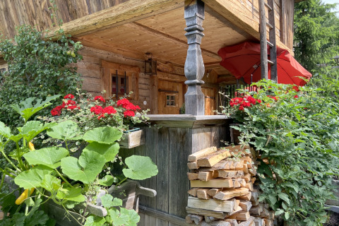 Gemütliche Almhütte in Deutschland mit roten Blumen, frischem Gemüse und gestapeltem Kaminholz.