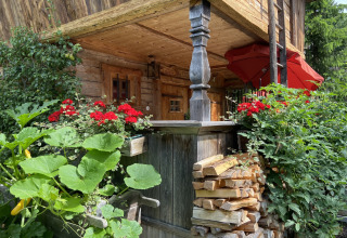 Gezellige Almhütte in Duitsland met rode bloemen, groenten en keurig gestapeld brandhout buiten.