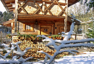 Verschneite Holzhütte namens 'Almhütte' in Deutschland, mit Holzstapel und verschneiten Tannenzweigen.