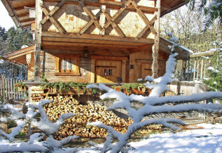 Met sneeuw bedekt houten chalet 'Almhütte' in Duitsland, met stapels haardhout en besneeuwde dennentakken.