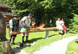 Mensen in traditionele kleding op een wip bij chalet Almhütte, zonnige dag in Duitsland.