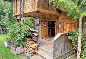 Ingresso rustico di uno chalet chiamato 'Almhütte' in Germania, con legno e piante verdi rigogliose.