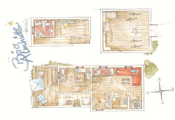 Planimetria disegnata a mano dello chalet Almhütte che mostra terrazza, camere, cucina e cantina su tre livelli.