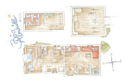 Handgetekende plattegrond van Almhütte chalet met terras, slaapkamers, keuken en kelder op drie niveaus.