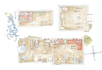Hand-drawn floor plan of Almhütte chalet showing terrace, bedrooms, kitchen, and cellar on three levels.