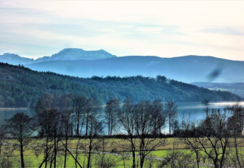 Vista dal chalet Almhütte in Germania con lago, montagne, campi verdi e alberi spogli in primo piano.