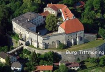 Aerial view of Burg Tittmoning castle in Germany, surrounded by greenery and several nearby houses.