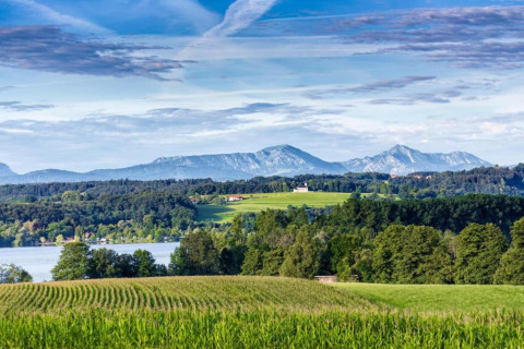 Zicht vanaf Almhütte in Duitsland met velden, bos, een meer en bergen op de achtergrond.