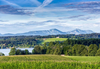 Zicht vanaf Almhütte in Duitsland met velden, bos, een meer en bergen op de achtergrond.