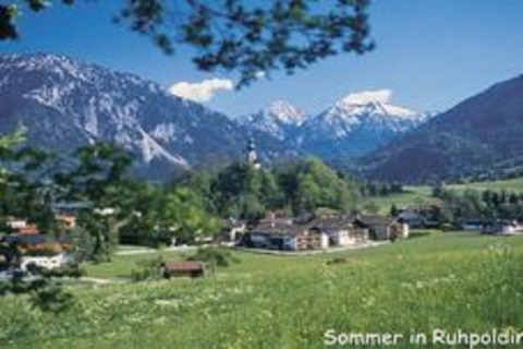 Zomeruitzicht vanaf chalet Almhütte in Ruhpolding, Duitsland, met groene weides en besneeuwde Alpen.