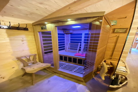 Houten interieur met infraroodsauna in een chalet genaamd Almhütte in Duitsland, gezellige uitstraling.