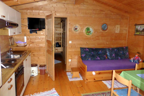 Interior view of Steingaden chalet in Germany showing wood walls, compact kitchen, and sofa area.