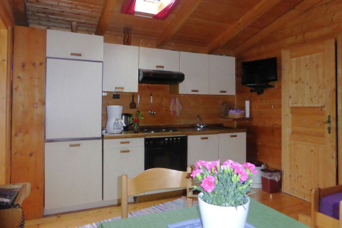 Cozy kitchen inside a chalet in Steingaden, Germany, with wooden walls, appliances, and a dining table.