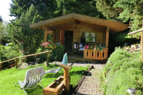 A cozy wooden chalet named Steingaden in Germany, surrounded by lush greenery and colorful flowers.