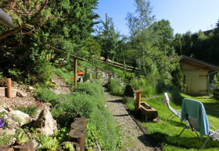 Sunny garden at chalet Steingaden in Germany, with gravel path, green plants, and lounge chairs.