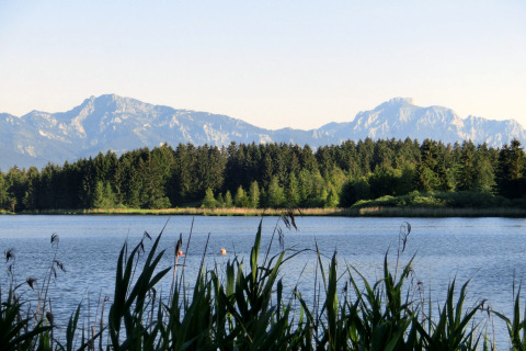 View from the Steingaden chalet in Germany showing a serene lake, forest, and mountains in the distance.