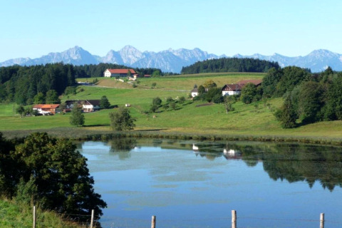 Scenic view from Steingaden chalet in Germany with lake, green fields, forest, and Alps in the distance.