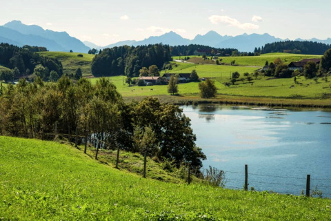 Tranquil landscape at Steingaden chalet in Germany, showing a lake, green fields, trees and distant hills.
