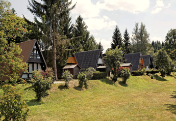 Feriebillede af A-formede hytter omgivet af grønne træer og plæner i Holiday park «Jägerwiesen 1», Tyskland.