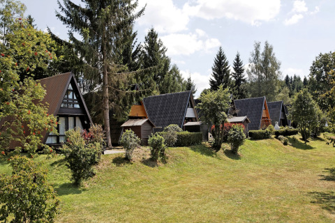 Bungalow a forma di A nel parco vacanze «Jägerwiesen 1» in Germania, circondati da alberi e prato verde.