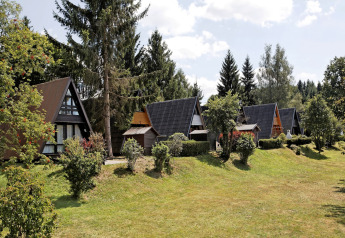A-frame cabins in a lush, green landscape at Holiday park «Jägerwiesen 1», Germany, with trees and grass.