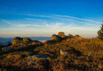 Scenic view of rocky hills and meadows at sunset near Holiday park «Jägerwiesen 1» in Germany.
