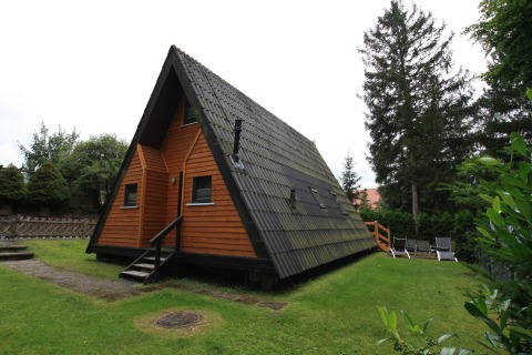A-vormige Nurdachhaus lodge met houten panelen en schuin dak, omgeven door gras en bomen.