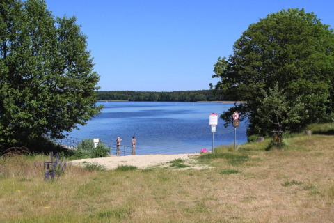 View of a peaceful lakeside beach at Type A1 - Nurdachhaus, surrounded by green trees in Germany.