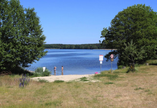 Uitzicht op een rustig meerstrand bij Type A1 - Nurdachhaus, omringd door groene bomen in Duitsland.