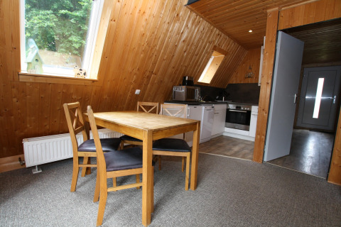Wood-paneled dining and kitchen area in Nurdachhaus, Germany, with table, four chairs, and skylight windows.
