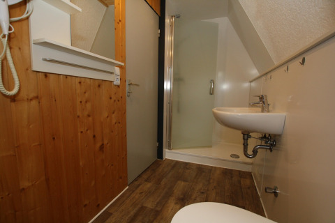 Badkamer in een lodge met houten wand, douchecabine, wasbak, spiegel en warme houten vloer.