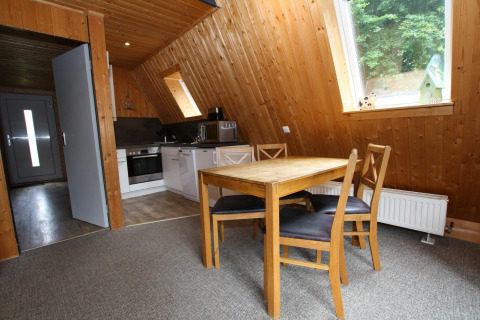 Interieur van Type A1 - Nurdachhaus lodge in Duitsland met houten wanden, eettafel en keukenhoek.
