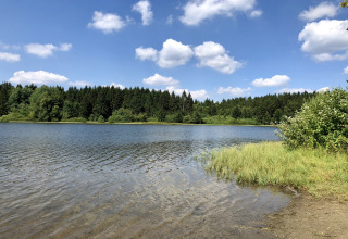 Uitzicht op een rustige meer met bos en blauwe lucht, genomen bij «Type A - Nurdachhaus» in Duitsland.