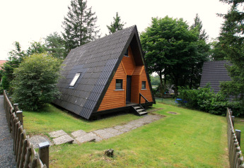 Gemütliches Type A Nurdachhaus mit Holzfassade und schwarzem Dach, gelegen in einem grünen Garten in Deutschland.