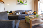 Gezellige woonkamer in chalet met grijze bank, fauteuil, houten salontafel, bloemen en zonlicht.