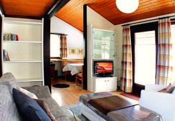 Woonkamer in vakantiedorp Öfingen, Duitsland, met moderne inrichting, houten plafond en grote ramen.
